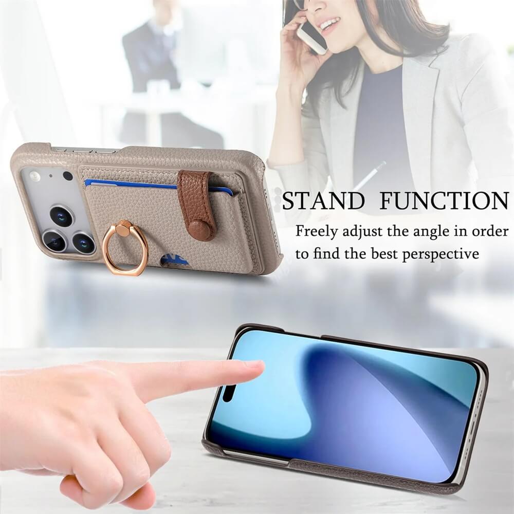 Pebbled Leather Ring Holder iPhone Case with Snap Flap Wallet Pebbled Leather Ring Holder iPhone Case with Snap Flap Wallet