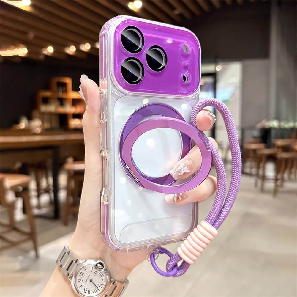Purple Crystal Clear Magnetic Ring Stand iPhone Case with Wrist Strap Purple Crystal Clear Magnetic Ring Stand iPhone Case with Wrist Strap