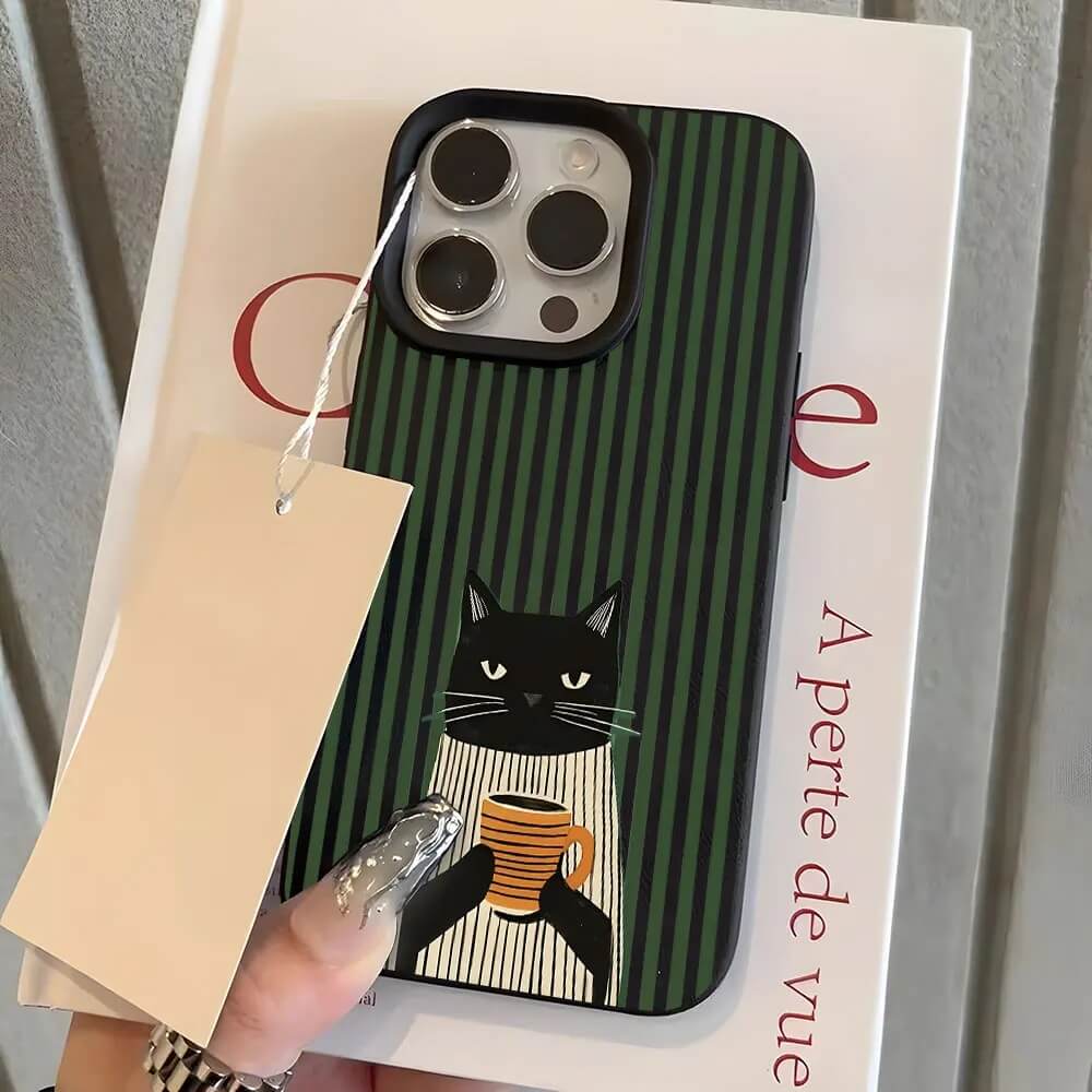 Black Retro Black Cat Coffee Striped iPhone Case Black Retro Black Cat Coffee Striped iPhone Case