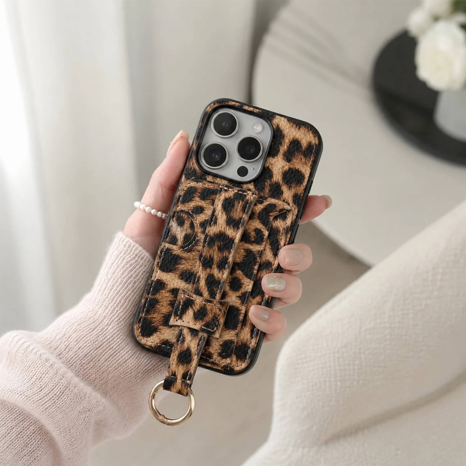 Leopard PU Leather iPhone Case with Card Holder and Finger Strap Leopard PU Leather iPhone Case with Card Holder and Finger Strap