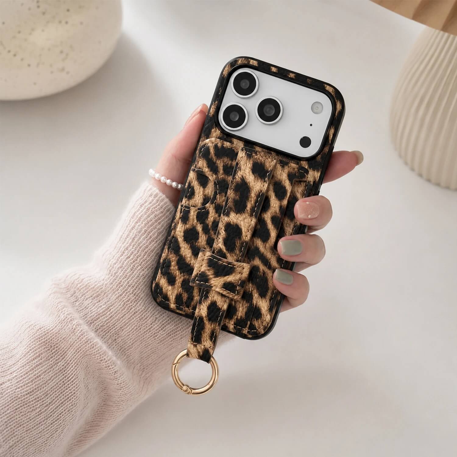 Leopard iPhone Case with Card Holder and Finger Strap Leopard iPhone Case with Card Holder and Finger Strap