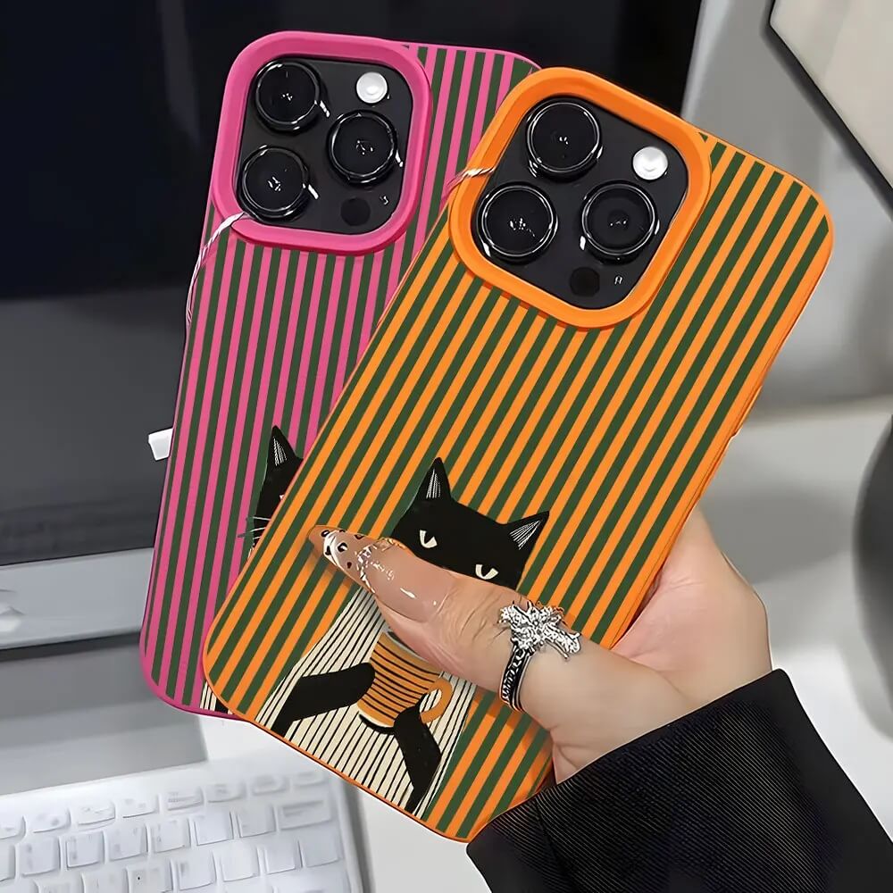 Retro Black Cat Coffee Striped Case for iPhone 17, 16, and 15 Series Retro Black Cat Coffee Striped Case for iPhone 17, 16, and 15 Series