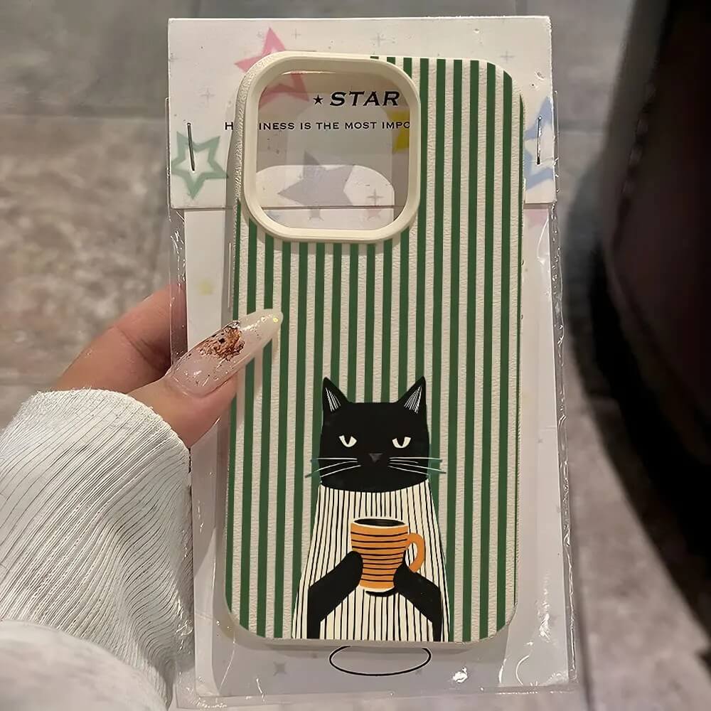 Retro Black Cat Coffee Striped Case Retro Black Cat Coffee Striped Case