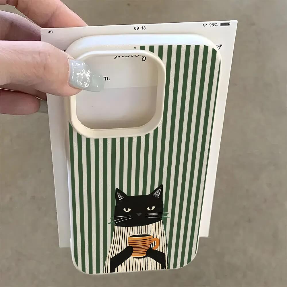 Retro Black Cat Coffee Striped Phone Case Retro Black Cat Coffee Striped Phone Case