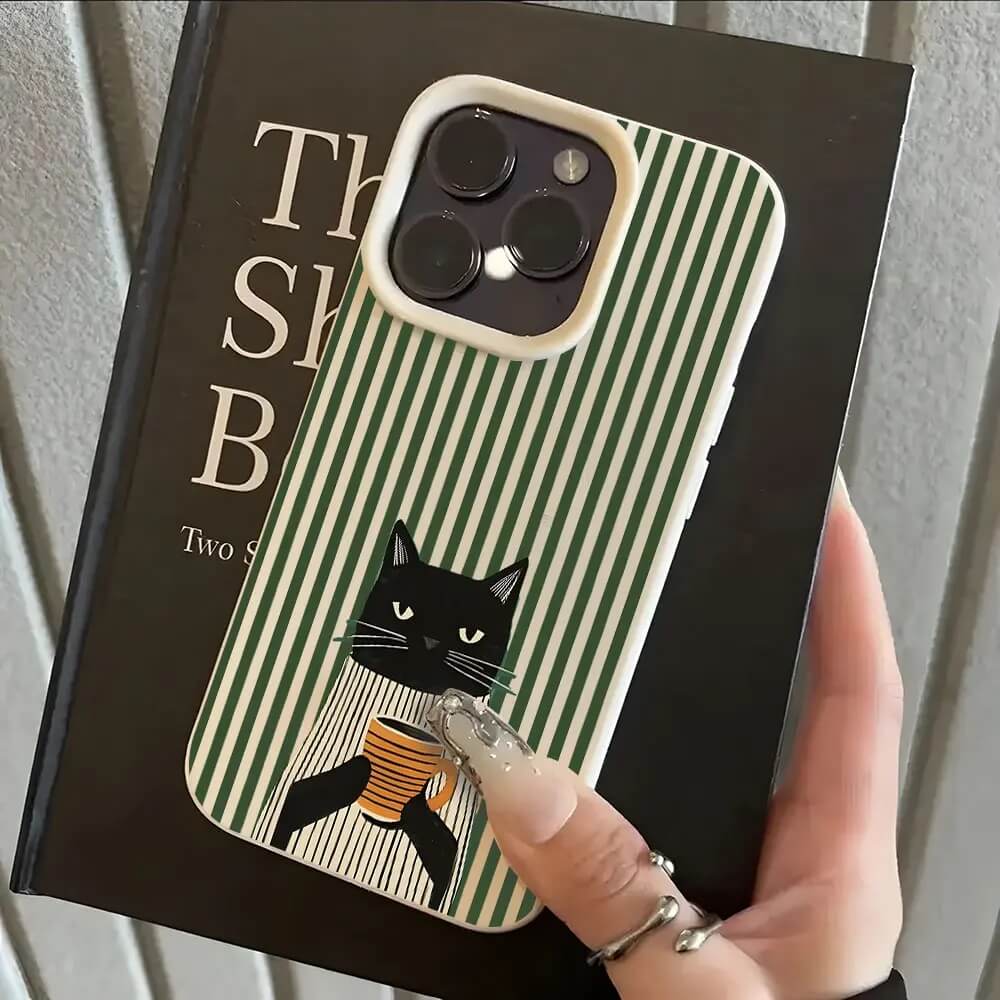 White Retro Black Cat Coffee Striped iPhone Case White Retro Black Cat Coffee Striped iPhone Case