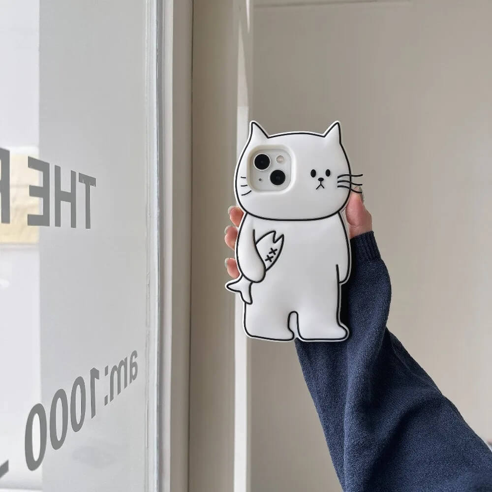 3D White Cat Shaped Phone Case with Fish in Paw 3D White Cat Shaped Phone Case with Fish in Paw