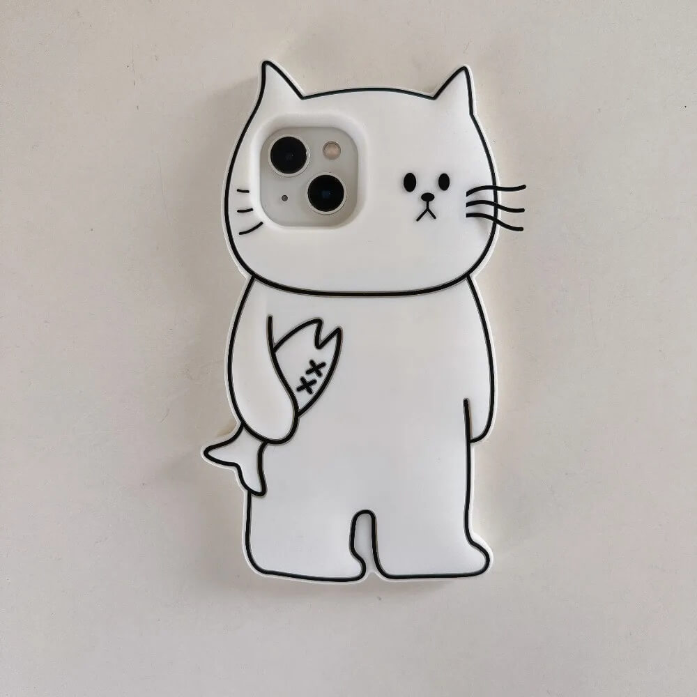 3D White Cat Shaped iPhone Case with Fish in Paw 3D White Cat Shaped iPhone Case with Fish in Paw