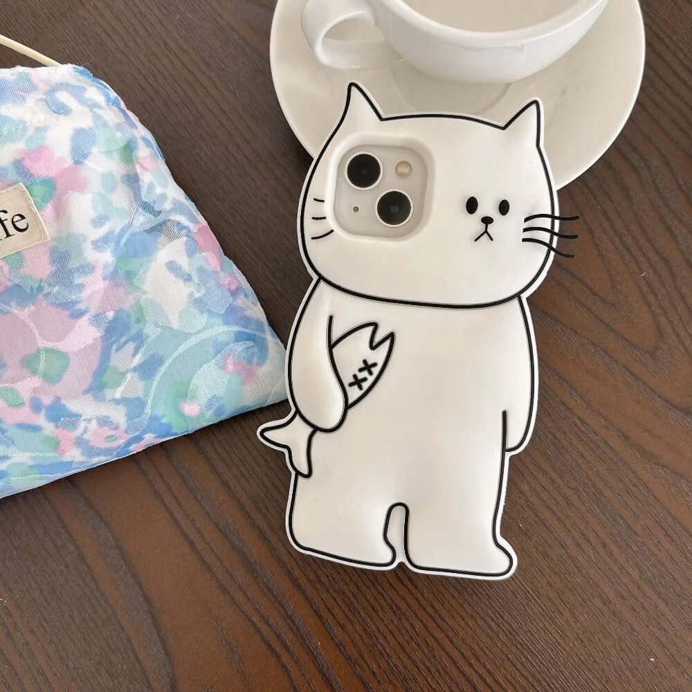 3D White Cat Shaped iPhone Case with Fish 3D White Cat Shaped iPhone Case with Fish