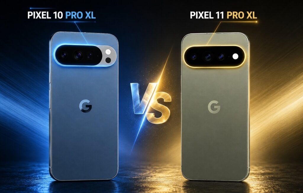 Pixel 10 Pro XL vs Pixel 11 Pro XL showing the redesigned rear camera bar