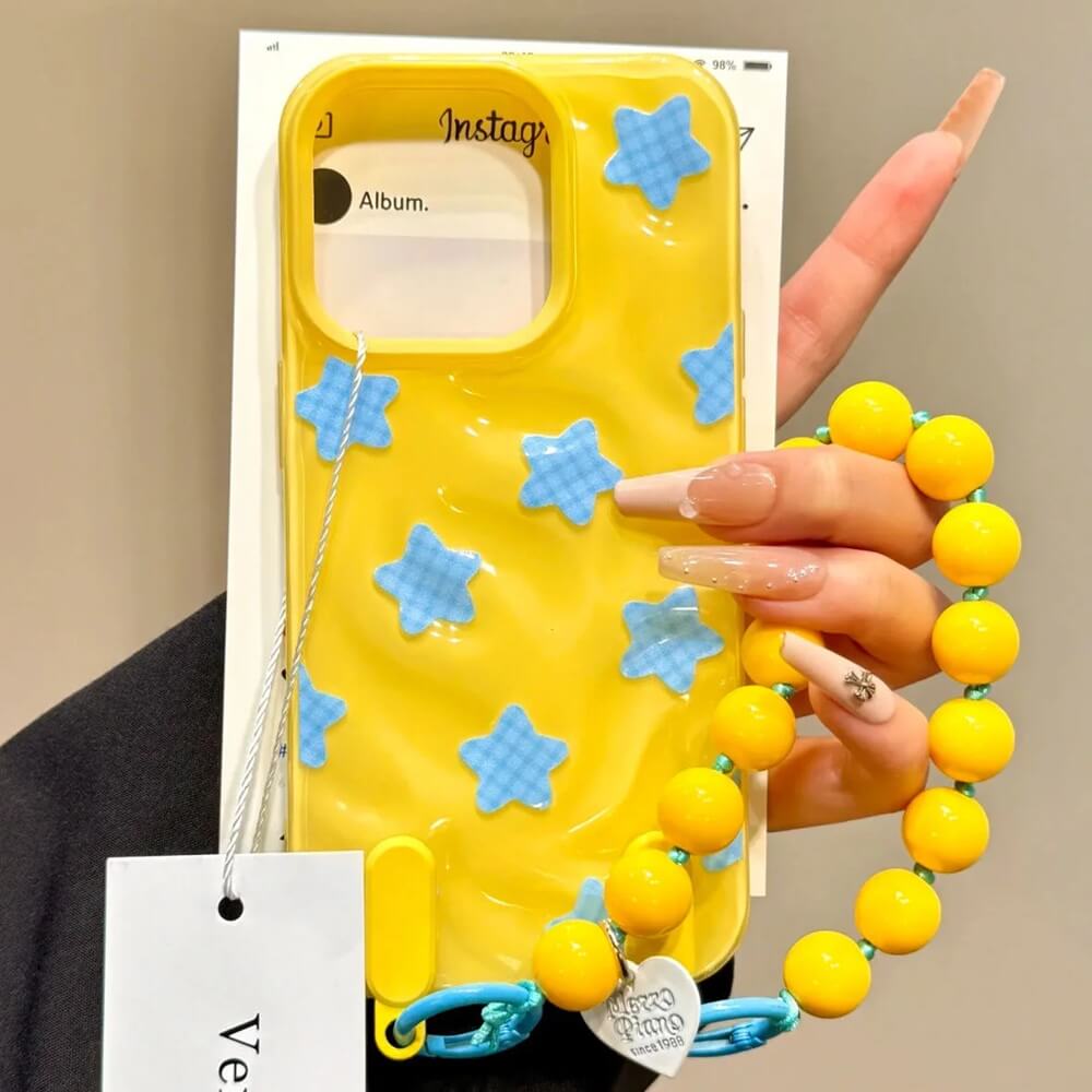 Wavy Gingham Star Yellow iPhone Case with Beaded Wrist Strap Wavy Gingham Star Yellow iPhone Case with Beaded Wrist Strap