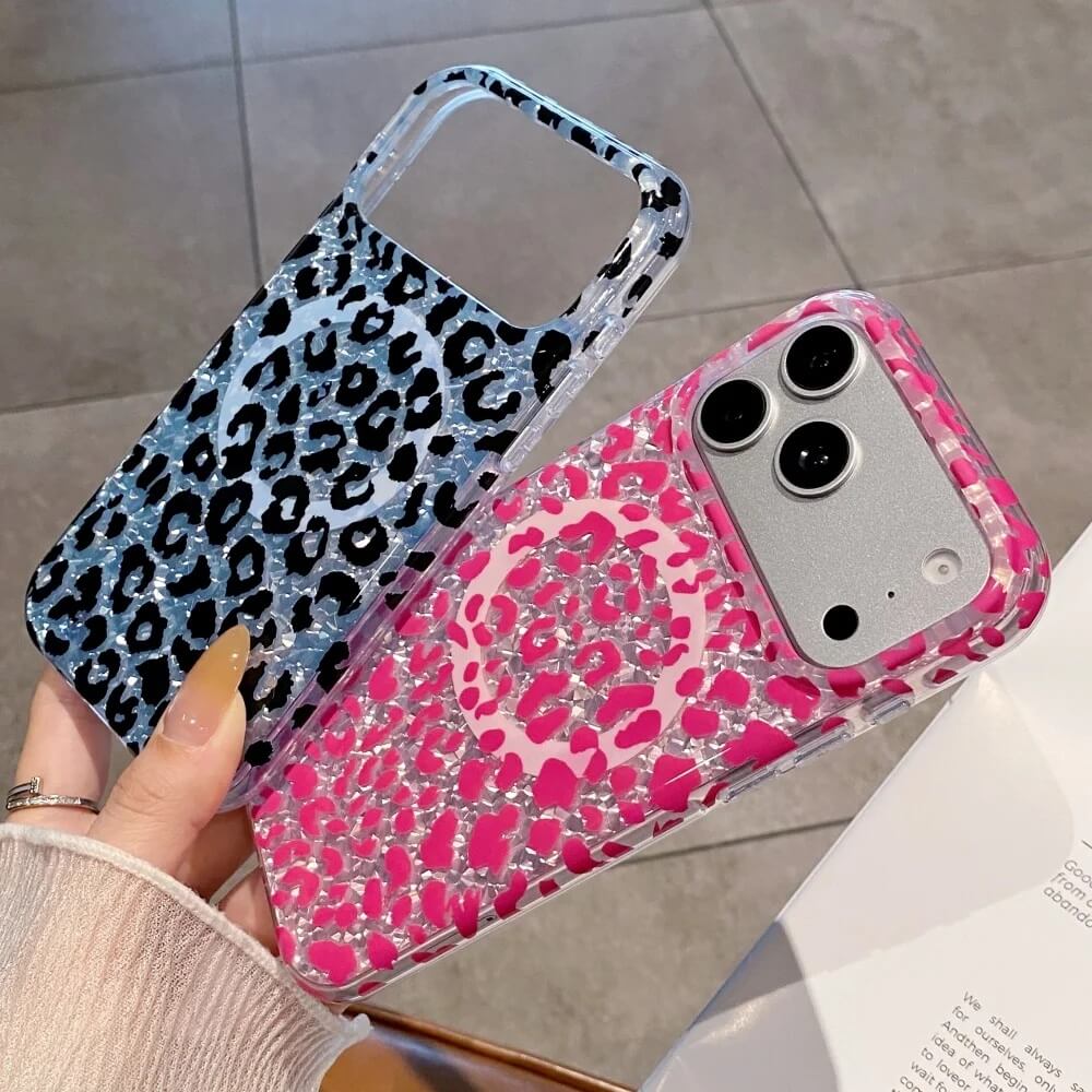 Leopard Magnetic Case with Iridescent Glitter Back Leopard Magnetic Case with Iridescent Glitter Back