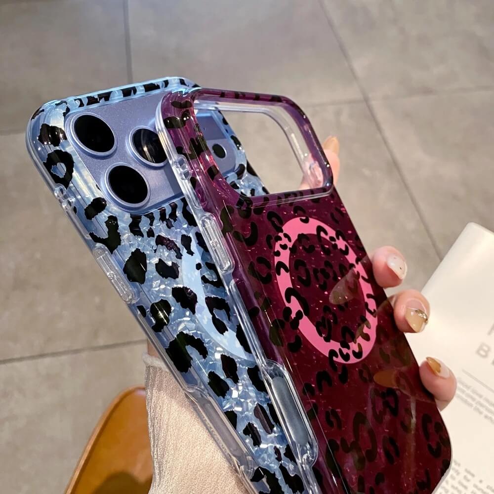 Leopard Magnetic Phone Case with Iridescent Glitter Back Leopard Magnetic Phone Case with Iridescent Glitter Back