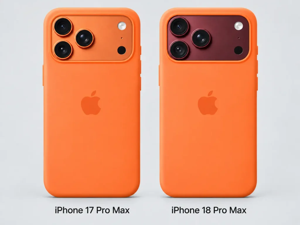 Same orange case on an iPhone 17 Pro Max and a Burgundy iPhone 18 Pro Max showing the color difference Same orange case on an iPhone 17 Pro Max and a Burgundy iPhone 18 Pro Max showing the color difference