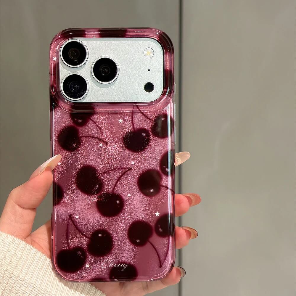 Burgundy Cherry Phone Case with Glitter Finish and Stars Burgundy Cherry Phone Case with Glitter Finish and Stars