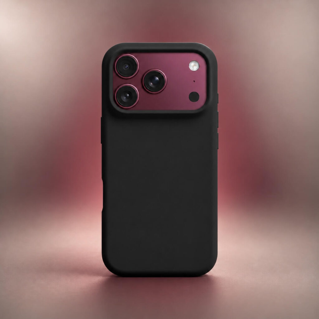 Matte black case on a Burgundy iPhone 18 Pro Max creating a two-tone contrast around the exposed camera plateau Matte black case on a Burgundy iPhone 18 Pro Max creating a two-tone contrast around the exposed camera plateau