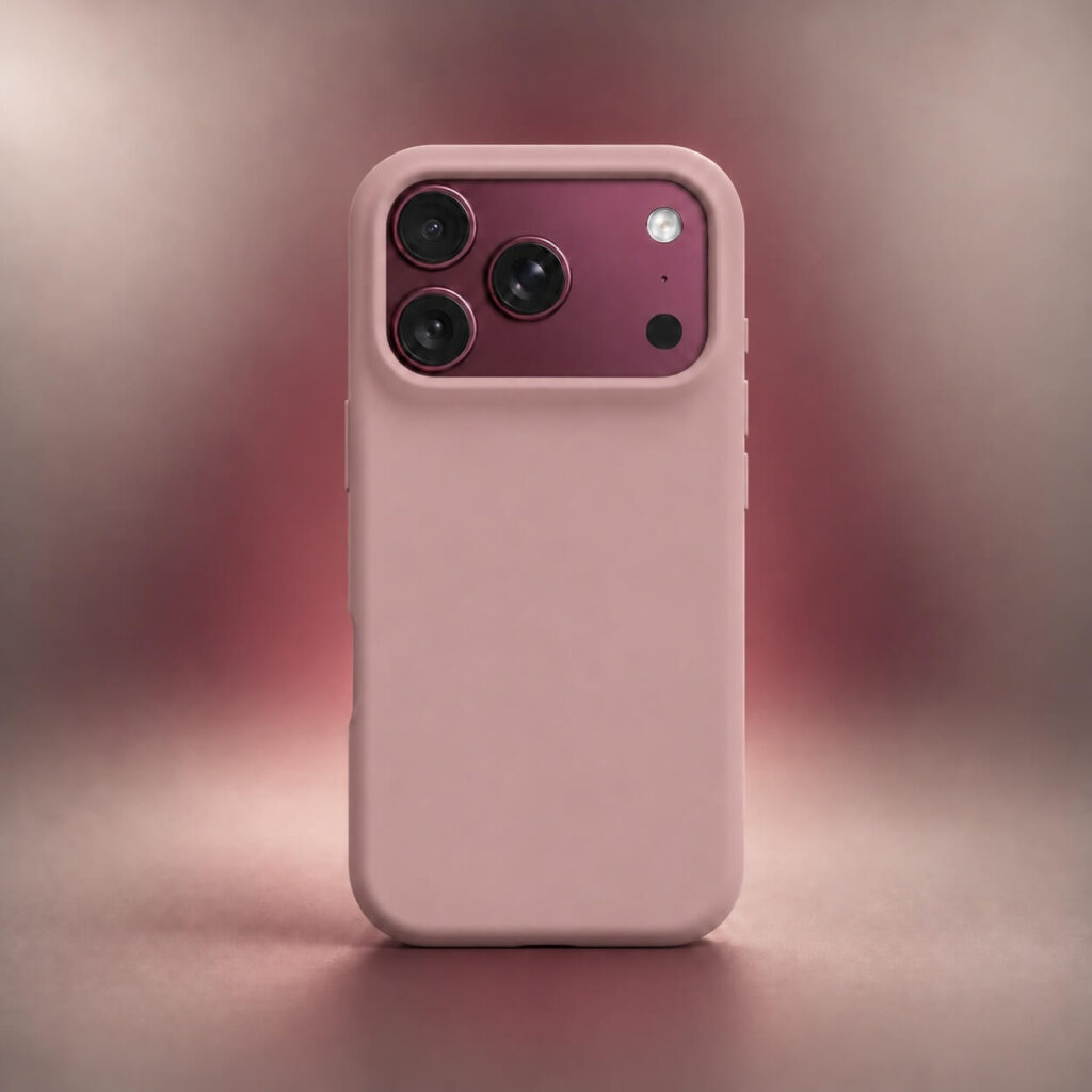 Dusty pink case on a Burgundy iPhone 18 Pro Max showing the contrast between the soft pink back and wine-red camera area Dusty pink case on a Burgundy iPhone 18 Pro Max showing the contrast between the soft pink back and wine-red camera area