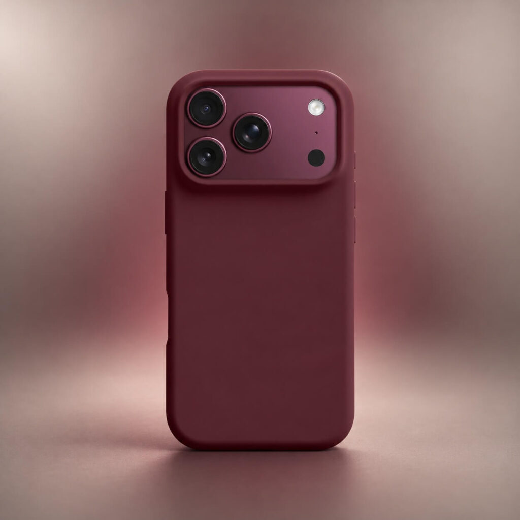 Matching Burgundy case on an iPhone 18 Pro Max with the original Burgundy camera plateau visible Matching Burgundy case on an iPhone 18 Pro Max with the original Burgundy camera plateau visible