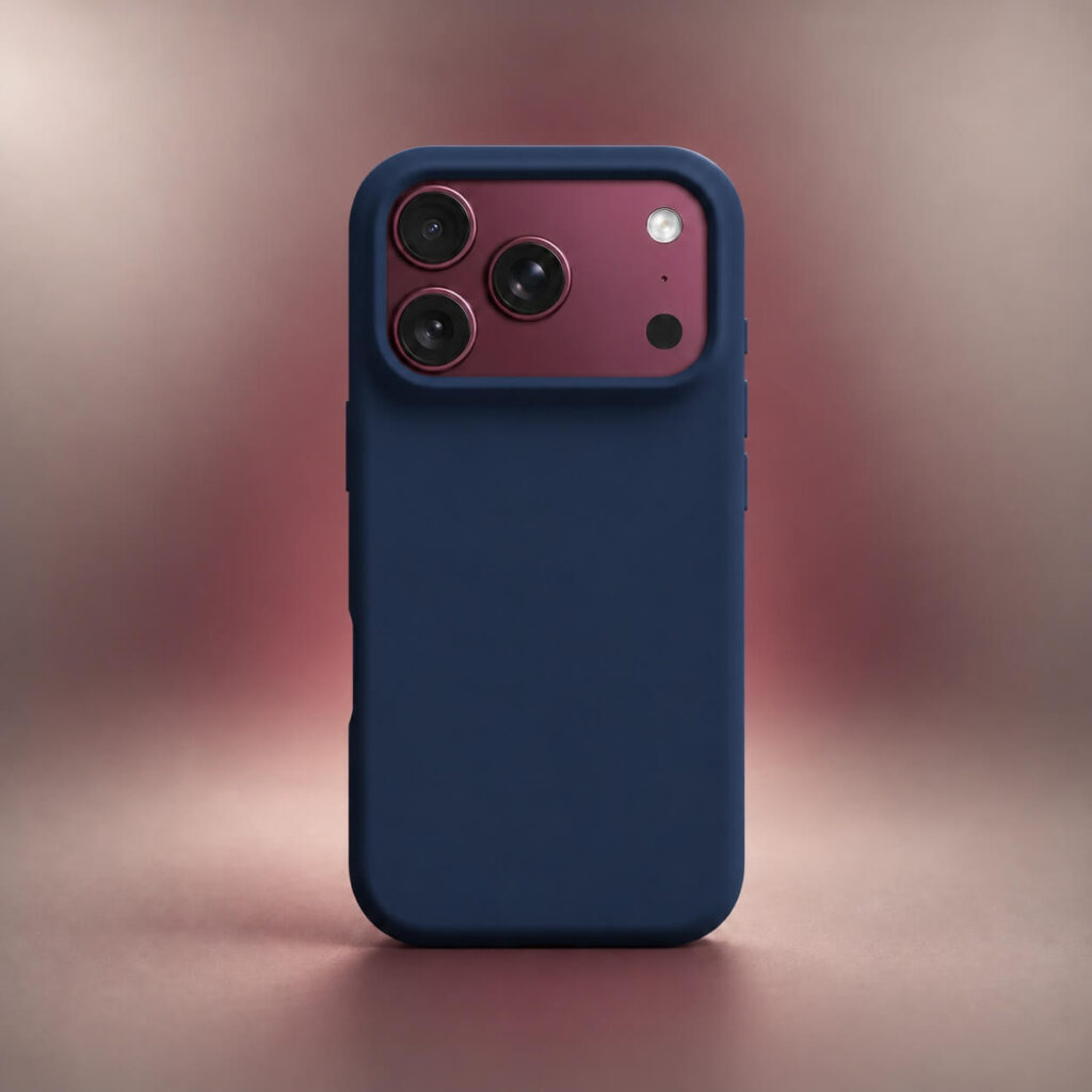 Navy blue case on a Burgundy iPhone 18 Pro Max with the wine-red camera area visible above the dark blue back Navy blue case on a Burgundy iPhone 18 Pro Max with the wine-red camera area visible above the dark blue back