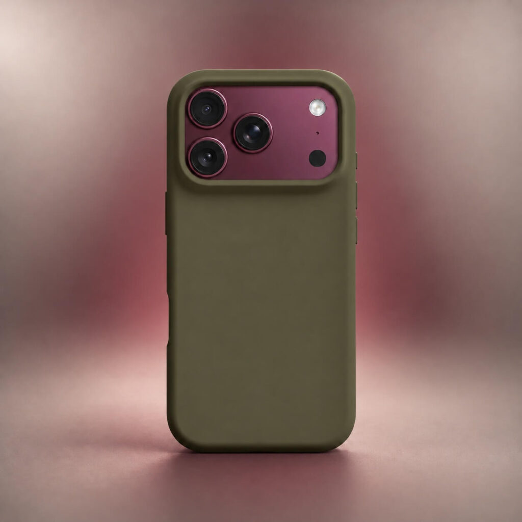 Olive green iPhone 18 Pro Max case contrasting with the exposed Burgundy camera plateau Olive green iPhone 18 Pro Max case contrasting with the exposed Burgundy camera plateau