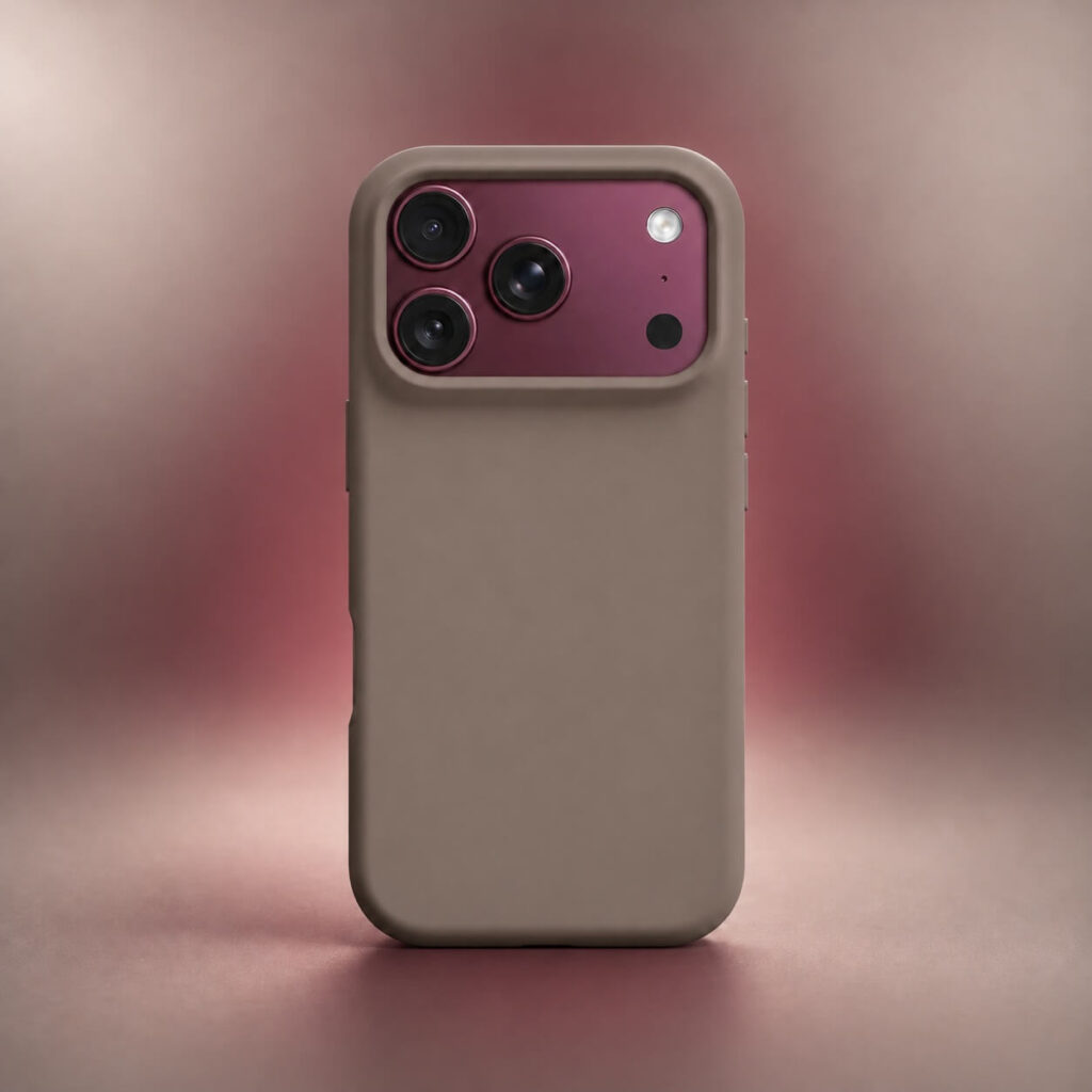 Taupe phone case on a Burgundy iPhone 18 Pro Max with the wine-red camera plateau exposed Taupe phone case on a Burgundy iPhone 18 Pro Max with the wine-red camera plateau exposed