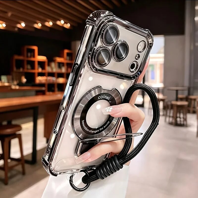 Clear Magnetic iPhone 18 Pro Max Case with Ring Stand and Wrist Strap- Black Clear Magnetic iPhone 18 Pro Max Case with Ring Stand and Wrist Strap- Black