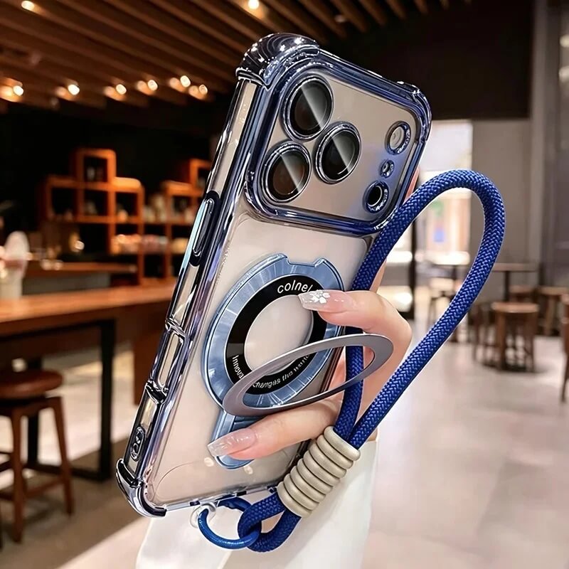 Clear Magnetic iPhone 18 Pro Max Case with Ring Stand and Wrist Strap - Blue Clear Magnetic iPhone 18 Pro Max Case with Ring Stand and Wrist Strap - Blue