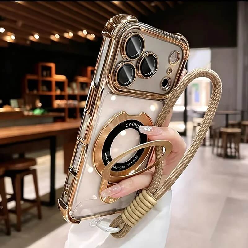 Clear Magnetic iPhone 18 Pro Max Case with Ring Stand and Wrist Strap - Gold Clear Magnetic iPhone 18 Pro Max Case with Ring Stand and Wrist Strap - Gold
