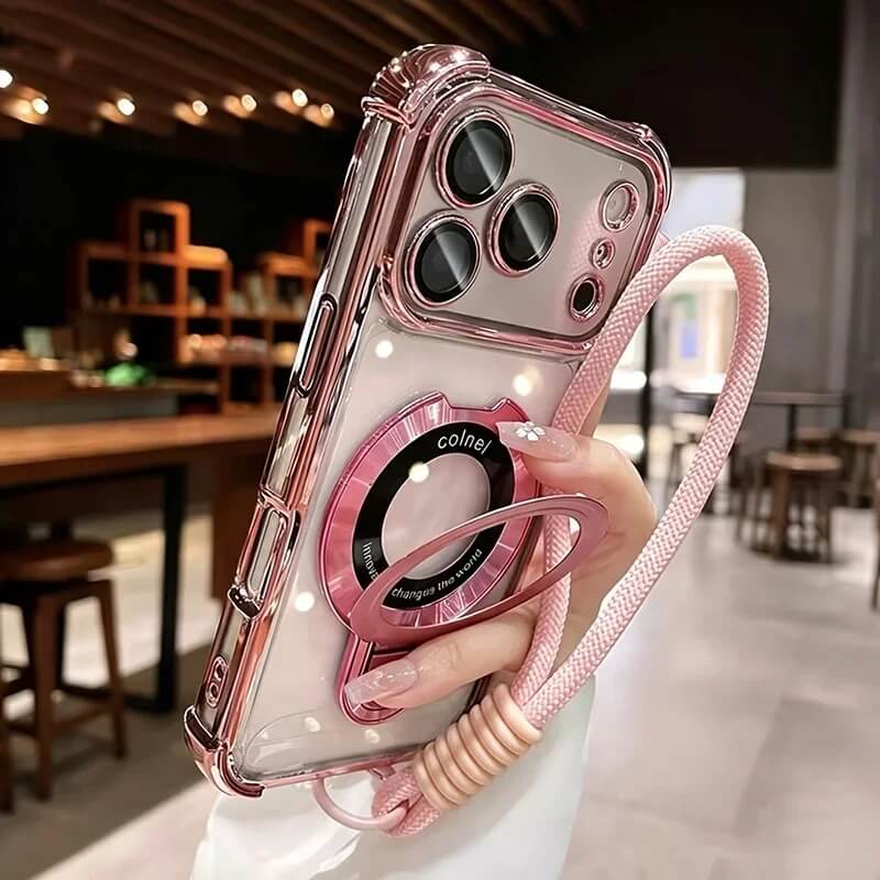 Clear Magnetic iPhone 18 Pro Max Case with Ring Stand and Wrist Strap - Pink Clear Magnetic iPhone 18 Pro Max Case with Ring Stand and Wrist Strap - Pink