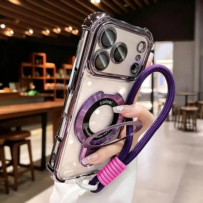 Clear Magnetic iPhone 18 Pro Max Case with Ring Stand and Wrist Strap - Purple Clear Magnetic iPhone 18 Pro Max Case with Ring Stand and Wrist Strap - Purple