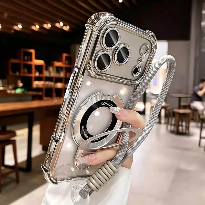 Clear Magnetic iPhone 18 Pro Max Case with Ring Stand and Wrist Strap - Silver Clear Magnetic iPhone 18 Pro Max Case with Ring Stand and Wrist Strap - Silver
