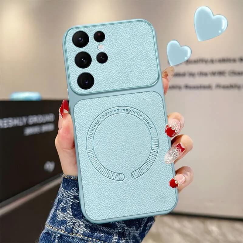 Blue Leather Texture Magnetic Samsung Galaxy Case with Raised Camera Frame Blue Leather Texture Magnetic Samsung Galaxy Case with Raised Camera Frame