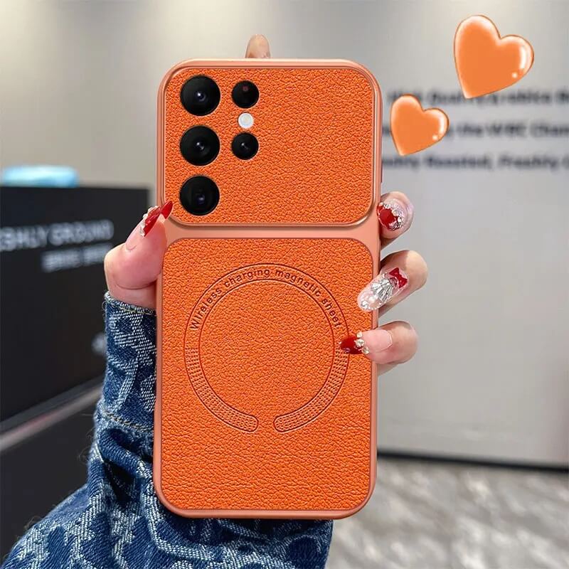 Orange Leather Texture Magnetic Samsung Galaxy Case with Raised Camera Frame Orange Leather Texture Magnetic Samsung Galaxy Case with Raised Camera Frame