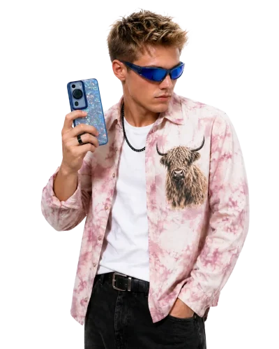 Huawei blue phone case with reinforced camera frame and textured back shown on model